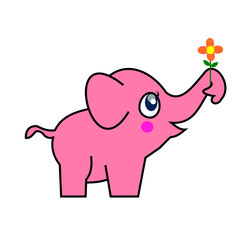 The pink elephant holding and giving pink flower isolated with clipping path and alpha channel on transparent background, Symbol of congratulation, Cartoons and graphics for Love and Valentine's Day