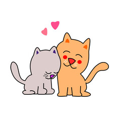 The purple kitten and the orange cat close their faces together with love, Two cats and red heart isolated and alpha channel on transparent background, Cute pet cartoon for valentines day