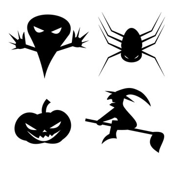 Silhouette witch flying on broomstick and The ghost spread his hand scary, Creepy spider with Halloween pumpkin head Jack-o-lantern isolated with clipping path, Halloween party icon