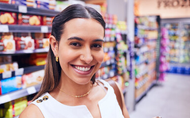 Shopping, groceries and consumerism with a young woman in a grocery store, retail shop or...