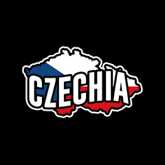 Czechia vector map silhouette illustration isolated on black background. Sticker, made in Czechia, map, silhouette, flag, emblem, identity, nation.