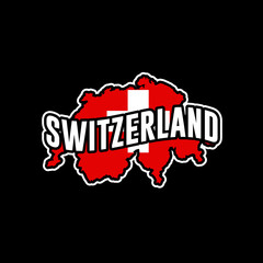 Switzerland vector map silhouette illustration isolated on black background. Sticker, made in Switzerland map, silhouette, flag, emblem, identity, nation.