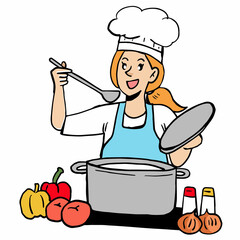cartoon housewife having fun cooking