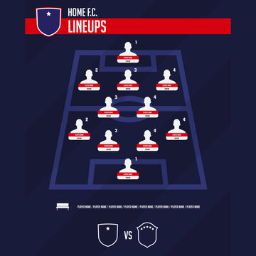Football team formation, starting list or lineups infographic template. Set of football player position on soccer field.  Football kit, soccer jersey icon in flat design.