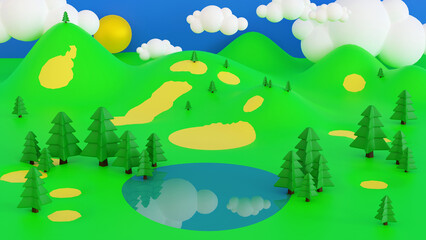 Obraz premium Cartoon Spring summer rural landscape, meadow and mountain with blue sky and cloud, for banner, poster background, 3D rendering.