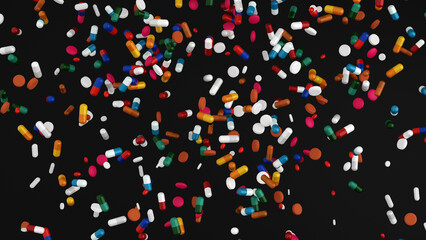 Falling antibiotic capsules out of the pill bottle, medical concept. 3D rendering.