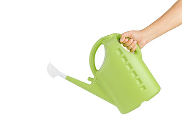 Hand holding a green plastic watering can isolated on white background with clipping path for gardening, irrigation, plant care, and home gardening concepts. © Kung37