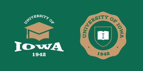 Iowa slogan typography graphics for t-shirt. University print and logo for apparel. T-shirt design with shield and graduate hat. Vector illustration.
