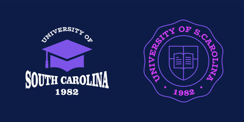 South Carolina slogan typography graphics for t-shirt. University print and logo for apparel. T-shirt design with shield and graduate hat. Vector illustration.