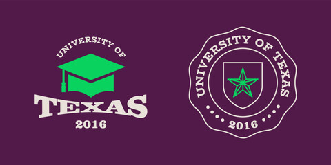 Texas slogan typography graphics for t-shirt. University print and logo for apparel. T-shirt design with shield and graduate hat. Vector illustration.