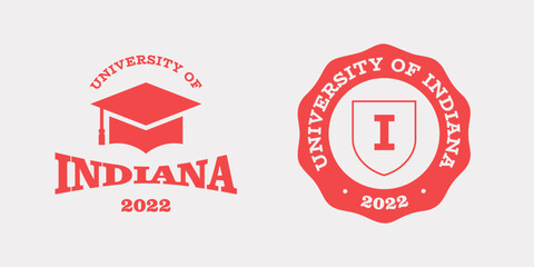 Indiana slogan typography graphics for t-shirt. University print and logo for apparel. T-shirt design with shield and graduate hat. Vector illustration. - obrazy, fototapety, plakaty