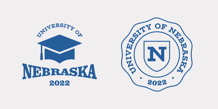 Nebraska slogan typography graphics for t-shirt. University print and logo for apparel. T-shirt design with shield and graduate hat. Vector illustration.