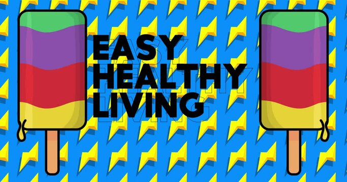 Ice Cream with Easy Healthy Living text. Two colorful animated summer sweet food cartoon. 4k resolution animation, moving image.