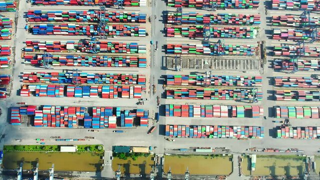 Aerial view of Cat Lai port with cargo ship and container Ho chi Minh city, Vietnam. The port is an important hub for import and export of important goods in Ho Chi Minh City