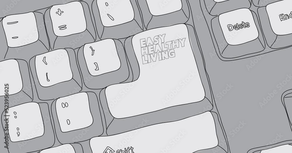 Poster computer keyboard with easy healthy living text. close-up of an electronic computer device part, key