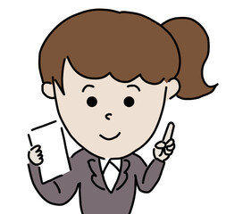 資料　パンフレットで説明　解説　ポイントをプレゼンするビジネスウーマン