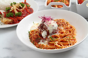 Freshly cooked spaghetti pasta with meatballs