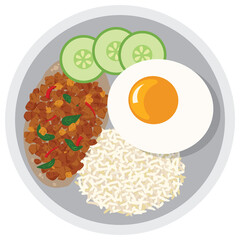 Fried basil with fried egg and rice thai food.