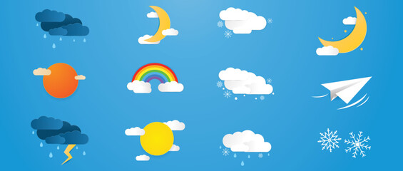 Paper cut weather icons set on blue background. Vector illustration eps 10. 