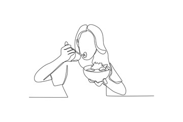 Single one line drawing young happy woman eating vegetarian food. World food day concept. Continuous line draw design graphic vector illustration.