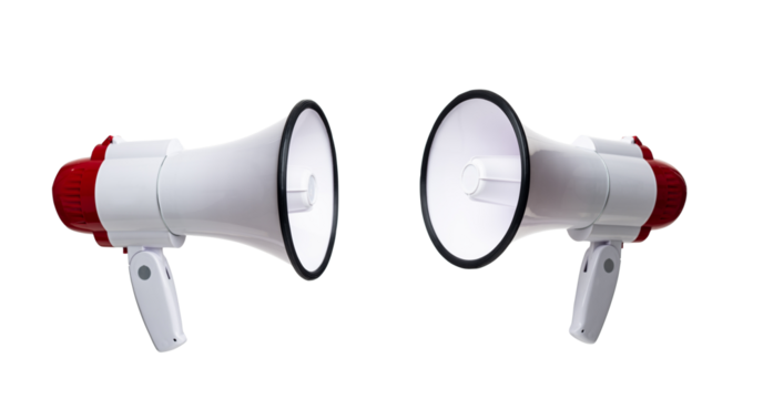 Red and white megaphone isolated on white background with clipping path