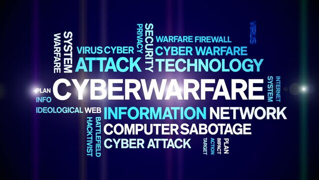 Cyberwarfare animated tag word cloud;text design animation kinetic typography seamless loop.