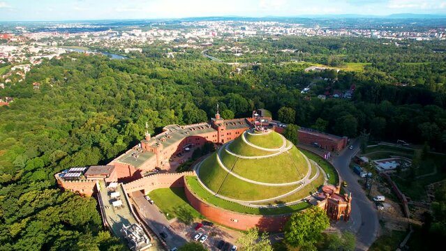 Aerial Panoramic View Of The Prominent Kosciuszko Mound Museum In Krakow, Poland.