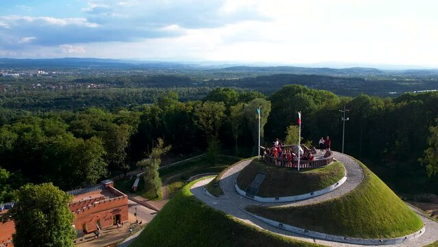 Kościuszko Mound Poland, Hill of Kościuszko, Tourists Visitors on Top Peak of the Historical Hill Exhibits Monument Memorial in Kraków, Landscape and Cityscape in Horizon, Aerial View