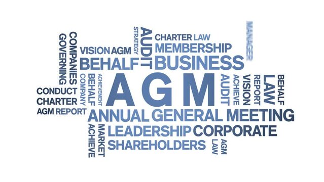 AGM - Annual General Meeting acronym animated tag word cloud;text design animation kinetic typography seamless loop.