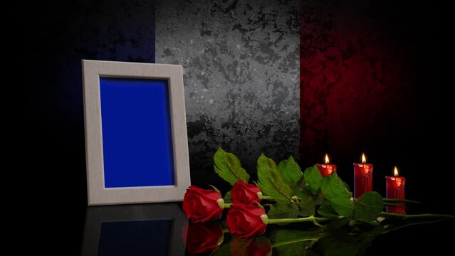 Memorial Day Card. With the Flag of France in the Background. Looped. Photo or Video can be Placed in Blue Frame.	
