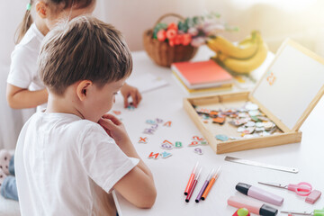 Fototapeta premium Children play educational games at school.