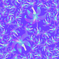 Fototapeta na wymiar Cobalt Seamless Plant. Indigo Pattern Art. Azure Tropical Design. Blue Flower Exotic. Navy Floral Exotic. Flora Leaf. Spring Art. Garden Textile