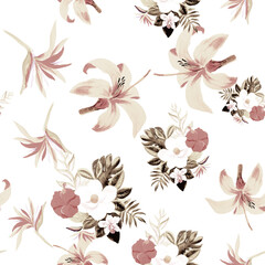 Old Seamless Painting. Brown Pattern Vintage. Gray Flower Art. Tropical Botanical. Watercolor Leaves. Summer Exotic. Decoration Leaves. Spring Exotic.