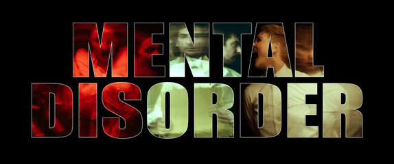 concept of mental disorders. Collage of inscriptions from blurred portraits of people psychos and paranoids on a black background