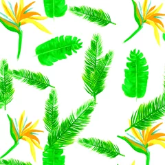 Fotobehang Tropische bladeren Green Seamless Leaves. Organic Pattern Hibiscus. Natural Tropical Texture. White Spring Illustration. Yellow Floral Textile. Decoration Design. Flora Leaf.