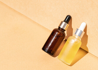 Gel cream or serum. A sample of a cosmetic product in glass bottles.