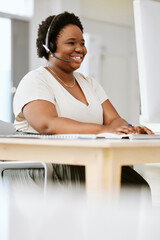Call center agent, business consultant or telemarketer assisting client on phone using headset while typing at computer desk. Contact us for excellent customer service or online faq helpdesk support. - obrazy, fototapety, plakaty
