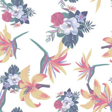 Indigo Pattern Background. Pink Seamless Design. Azure Tropical Plant. Yellow Wallpaper Textile. White Flower Texture. Garden Foliage. Decoration Illustration.