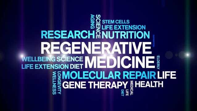 Regenerative Medicine animated tag word cloud;text design animation kinetic typography seamless loop.