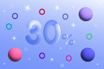 30 percent discount. Advertising big sale, vector banner 3d. Festive cool announcement about profitable, free, new promotions. Loyalty program, reduced percentage in online store. Modern ad background