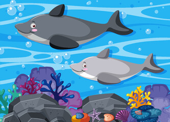 Obraz na płótnie Canvas Undersea background with dolphin in cartoon style