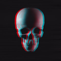 Human skull with black and white 3d glitch effect of virtual reality and texture