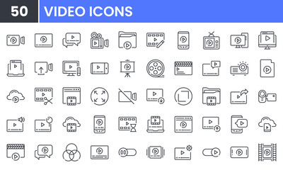 Video and Multimedia vector line icon set. Contains linear outline icons like Movie, Media Player, Camera, Cinema, Display, TV, Film, Projector, Camcorder. Editable use and stroke.