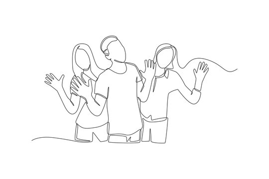 Continuous one line drawing happy people group with hands up standing together.. World smile day concept. Single line draw design vector graphic illustration.