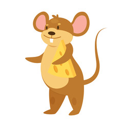 Happy mouse holding slice cheese. Stolen food, cheese lover, carrying feeding vector illustration