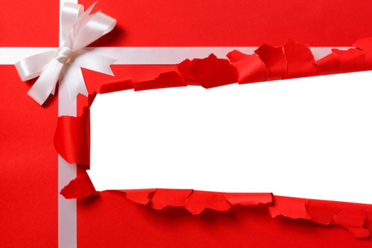 Red gift wrap torn open strip isolated transparent background photo PNG file