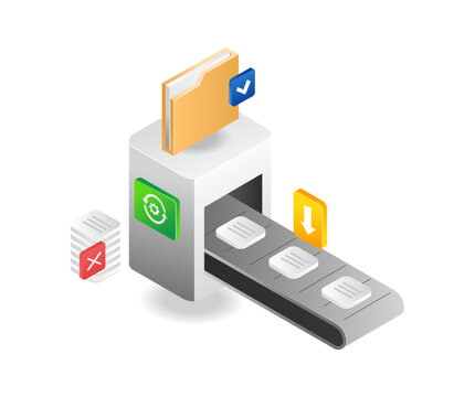 isometric data processing machine with folder and checkmark clip art preview