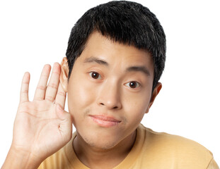 Young man with hand over ear.