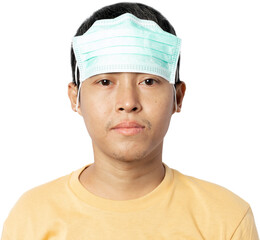 Young man wearing medical mask wrong.