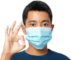 young man wearing protective face mask with shows OK sign.